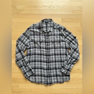 PAIGE Everett Cotton Blend Men’s Black and Gray Plaid Button-Down Shirt, Large